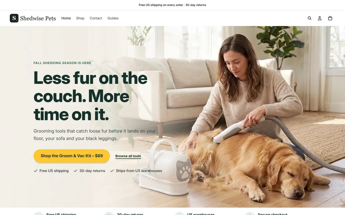Shedwise Pets mağazasının ana sayfası